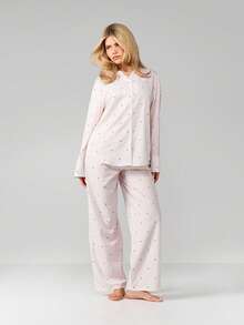 MISSGUIDED Striped Button Up Pajama Set With Small Heart Print Long Sleeve Top And Matching Pants For Lounging - Pink - View 3