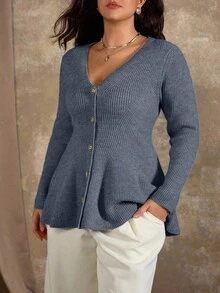 Roveilla Áo khoác len cardigan cổ chữ V màu trơn dáng rộng cỡ lớn dành cho nữ, áo len dệt kim dài ngang gối cỡ lớn, áo len nữ màu xanh dương, áo len cỡ lớn mùa thu, áo khoác cardigan màu xanh dương cho nữ. - Màu xanh bụi bặm - Xem 8
