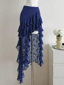 SHEIN PETITE Bohemian Style Ruffled Lace Patchwork Asymmetrical Hem Skirt For Petite Women, Spring/Summer - Navy Blue - View 3