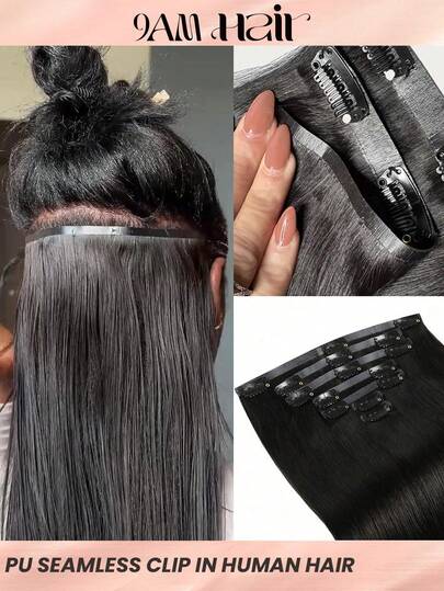 Seamless PU Clip In Extensions Human Hair Invisible PU Skin Weft Silky Straight Seamless Clip Ins For Women Real Human Hair Extensions 7pcs With 16clips Per Set