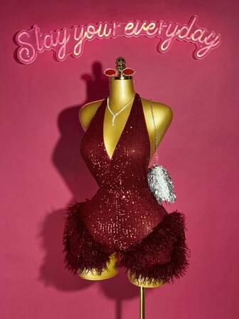 Slaydiva 2025 秋季新款万圣节生日派对宴会学院风学生日常休闲邮轮旅行病毒式街头性感俱乐部 Y2K 朋克赛车暗黑风格机车女孩别致深 V 领露背亮片拼布下摆毛茸茸连体裤派对连体裤女式连体裤