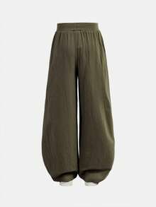 SHEIN Serisse Kids 少女日常休闲基础款100%纯棉弹力腰阔腿裤，适合返校季穿着 - 軍綠色 - 查看 9