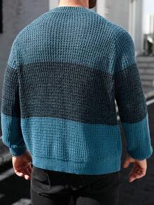 Manfinity Homme 男士长袖休闲撞色圆领套头毛衣，秋冬男士毛衣上衣蓝色毛衣套头衫 - 彩色 - 查看 2
