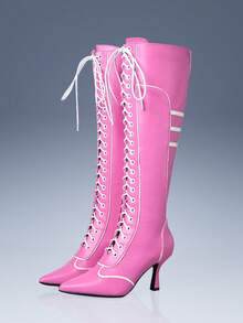 CUCCOO GRLICON 女士尖头系带黑白撞色过膝长靴，时尚百搭，适合圣诞节、新年派对、约会之夜、春季休闲、万圣节、赛车风格、感恩节等各种场合。 - 粉色 - 查看 1