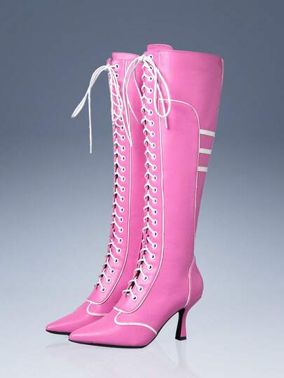 CUCCOO GRLICON Women's Pointed Toe Lace-Up Black & White Color Block Knee-High Boots, Fashion For Christmas, New Year's Eve Party, Date Night, Spring Casual, Halloween, Racing Style, Christmas, Thanksgiving, New Year