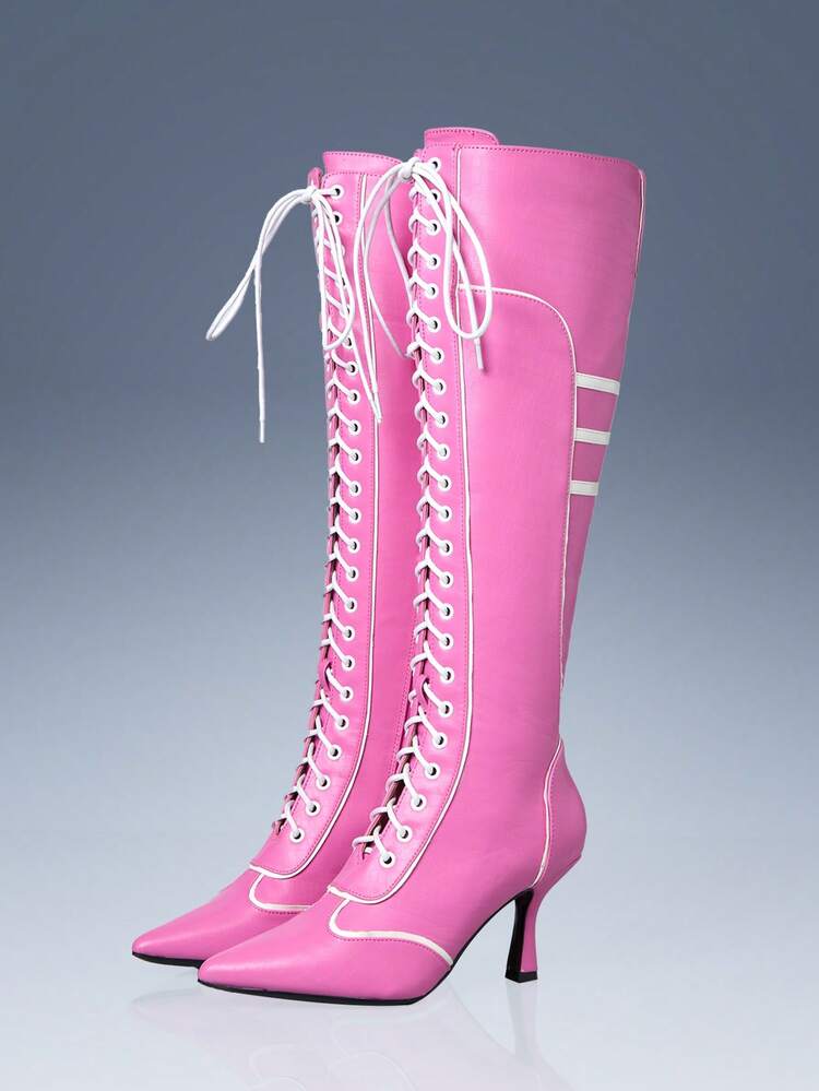 CUCCOO GRLICON ポインテッドトゥ レースアップ ブラック&ホワイトカラーブロック ニーハイブーツ、クリスマス、年末パーティー、デートナイト、春カジュアル、ハロウィン、レーシングスタイル、クリスマス、感謝祭、新年向けファッション