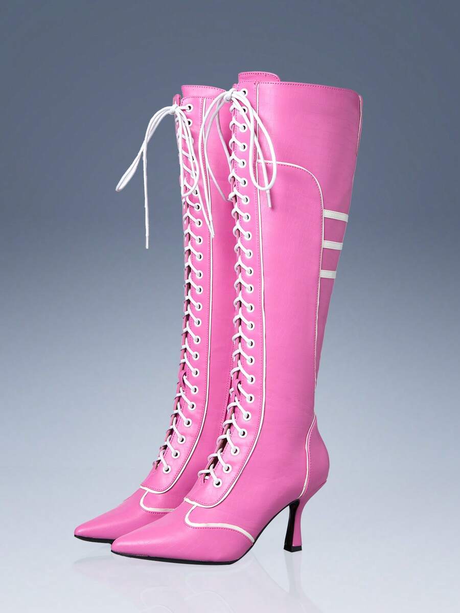 CUCCOO GRLICON 女士尖头系带黑白撞色过膝长靴，时尚百搭，适合圣诞节、新年派对、约会之夜、春季休闲、万圣节、赛车风格、感恩节等各种场合。 - 粉色 - 查看 1