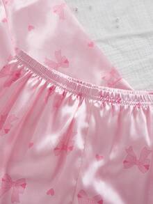 2pcs/Set Girls Cute Bow Print Lapel Cardigan & Casual Pants Comfortable Pajamas Set Bow Print Pajamas - Pink - View 7