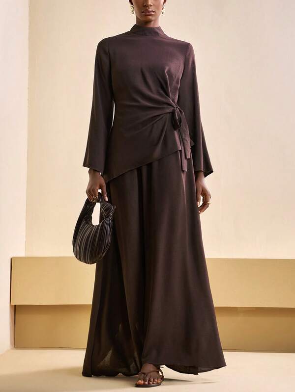 Zivah 2025 Autumn/Winter New Year, Valentine's Day, Party, Evening, Date, Birthday, College Style, Student, Daily Wear, Versatile, Casual, Cruise Travel, Trending, Elegant, Commute, Business Casual, Minimalist Collared Flare Sleeve Tie-Waist Asymmetric Hem Shirt + Loose A-Line Long Skirt 2-Piece Set, Brown Fabric, Women's Autumn/Winter Outfit Brown Two Piece Set Modest Two Piece Set Modest Dress Brown Elegant Dress Women Modest Sets For Women