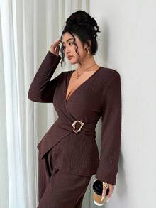 Elenzga Dwuczęściowy komplet damski w rozmiarze plus size, z długim rękawem, w stylu francuskim, swobodny i elegancki, z teksturowanego szyfonu, jesień/zima