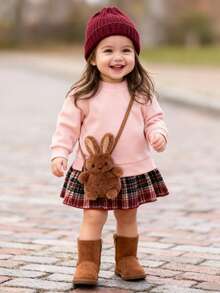 SHEIN Playful Pals 女婴休闲长袖卫衣，格子裙摆拼接设计，罗纹圆领连衣裙，适合外出、休闲穿着、度假，粉色拼接格子连衣裙，学院风连衣裙