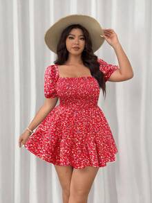 Flirla Váy ngắn chữ A họa tiết hoa cỡ lớn, phong cách thường ngày ngày lễ - Đỏ - Xem 6