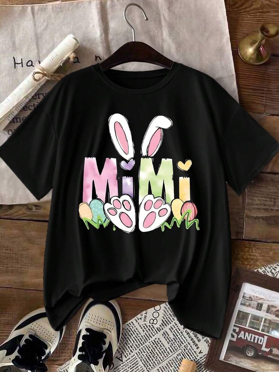 SHEIN LUNE Của phụ nữ lễ Phục sinh Thỏ In Ngắn tay Áo thun - màu đen - Xem 1