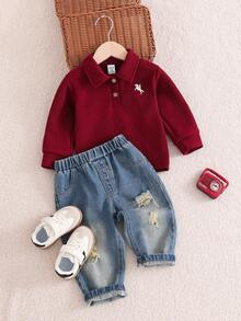 SHEIN 男婴两件套保暖高领长袖T恤和灯芯绒背带裤套装，舒适休闲可爱小熊图案基础款，适合室内、室外、日常穿着、运动、派对、拍照、节日、街头风、运动服、慢跑服、圣诞节、新年等场合。 - 酒紅色 - 查看 8