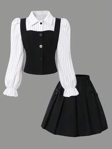 Sparklyn Conjunto de niña preadolescente con blusa de manga abullonada con cuello a cuadros y falda plisada con cintura elástica, estilo académico para primavera y otoño