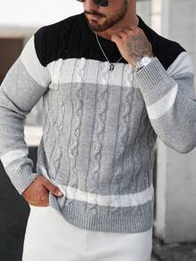 Manfinity Homme Men's Casual Contrast Color Cable Knit Pullover Sweater, Autumn/Winter Crochet Jumper For Men, Long Sleeve Top - Multicolor - View 3