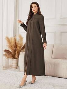 Yasmyna Purple Casual Loose Zip-Up Abaya Robe For Women, Zipper Blouse Abaya - Coffee Brown - View 4