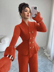 Elenzga Bộ 2 món: Áo khoác cardigan cổ đứng tay loe thắt eo thanh lịch dành cho người đi làm thường ngày màu xanh lam & áo len dệt kim ống đứng, Thu/Đông - trái cam - Xem 7
