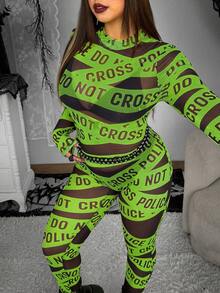 Whyspr Plus Size Women Street Bold Avant-Garde Casual Punk Fashion English Letter Print Leggings, High Stretch, Suitable For Halloween, Music Festival, Cosplay - Multicolor - View 5