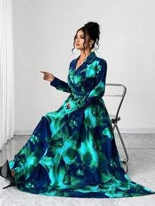 Elenzga Đầm in họa tiết thời trang thường ngày thanh lịch, tay dài, cổ bẻ, thắt lưng cỡ lớn dành cho nữ, tiệc mùa đông - màu xanh lá - Xem 1
