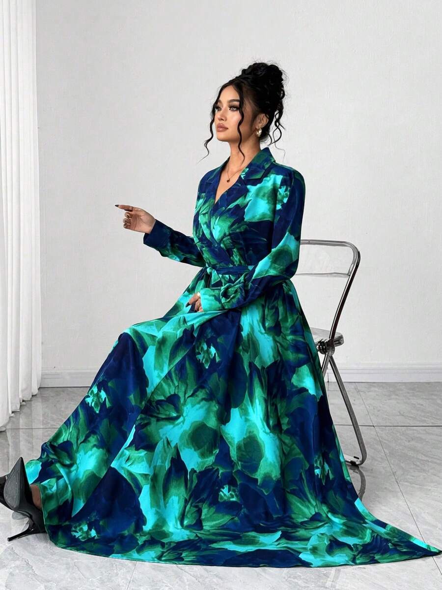 Elenzga Đầm in họa tiết thời trang thường ngày thanh lịch, tay dài, cổ bẻ, thắt lưng cỡ lớn dành cho nữ, tiệc mùa đông - màu xanh lá - Xem 1