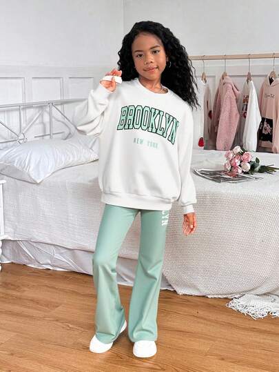 SHEIN 2pcs/Set Tween Girls Casual Contrast Color Print Crew Neck Long Sleeve Pullover Sweatshirt And Pants Set