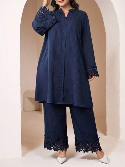 Veilorie Plus Size Women's Solid Color V-Neck Long Sleeve Elegant Lace Patchwork Arabic Style Set