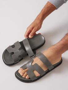 SHUZIA #QuietLuxury  Men's H Architectural Grey Platform Footbed Slides - Geometric PU&Anti Slip Sole | Open-Toe Design For Resort To Metro Strolls For Christmas