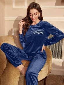 SHEIN 撞色字母刺绣休闲丝绒上衣和裤子家居服套装 冬季服装 - 霧霾藍 - 查看 6