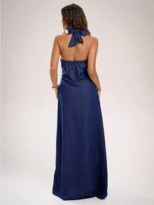 Avantive 时尚性感扭结露背吊带超长牛仔连衣裙 - 藍色 - 查看 4