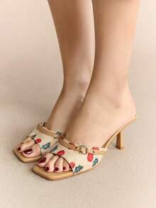 Rosivie 女士简约樱桃图案时尚日常高跟凉鞋