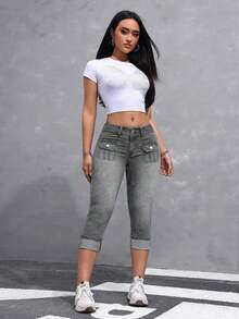 SHEIN ICON 女士休闲水洗低腰修身牛仔裤 - 淺灰色 - 查看 3