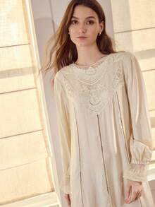 MOTF PREMIUM LACE TRIM LOOSE COMFORTABLE LONG ROMANTIC NIGHTGOWN - Apricot - View 1