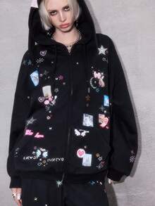ROMWE Avant Y2K 坏坏朋克可爱蝴蝶结骷髅兔像素星星月亮爱心猫狗刺绣水钻兔耳宽松卫衣外套 - 黑色 - 查看 6