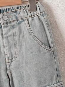 男童休闲宽松直筒撞色缝线工装牛仔裤 - 淺色水洗藍 - 查看 4