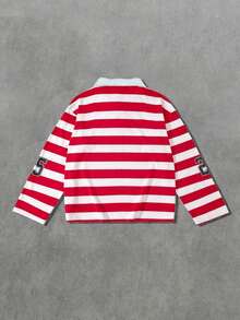 ROMWE MEN Men's Preppy Sequin Diamond Striped Polo Shirt, Loose Fit - Red - View 3