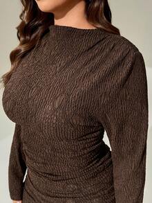 Auralis Plus Size Chocolate Brown Autumn Elegant Night Out Club Long Sleeve Mini Dress,Ruched Textured High Stretch Slim Fit Bodycon Commuter Formal Dinner - Brown - View 8