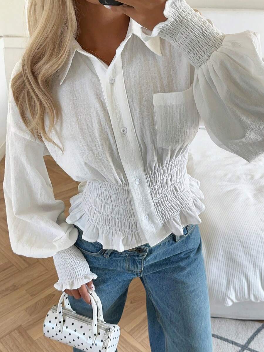 SHEIN EZwear 女士清新纯色收腰长袖衬衫 - 白色 - 查看 1