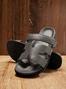 SHUZIA #QuietLuxury  Men's H Architectural Grey Platform Footbed Slides - Geometric PU&Anti Slip Sole | Open-Toe Design For Resort To Metro Strolls For Christmas