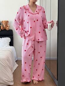Plus Size Women Mushroom Collar Striped Heart Print Pajama Set, Fall & Winter Clothes - Multicolor - View 6