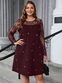 SHEIN Clasi 大码女式撞色蕾丝仿珍珠细节圆领长袖直筒优雅职业连衣裙商务休闲女装 - 酒紅色 - 查看 3