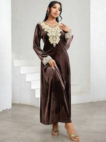 Al Najma 休闲复古长袖收腰阿拉伯风格女式连衣裙 - 粉色 - 查看 1