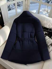 GlowEve Women's Coffee Brown Waist Belt With Metal Buckle Design, Cinched Waist, Elegant Puffer Jacket - Navy Blue - View 2