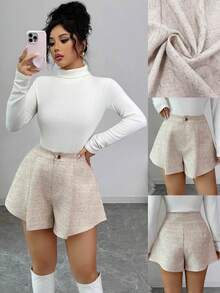 Elenzga Pantalones cortos con cremallera frontal plisada y textura de tela elegante para mujer, otoño/invierno - Caqui - Ver 1