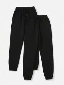 SHEIN EZwear 加大码女式黑色抽绳腰带口袋慢跑裤 - 黑色 - 查看 1