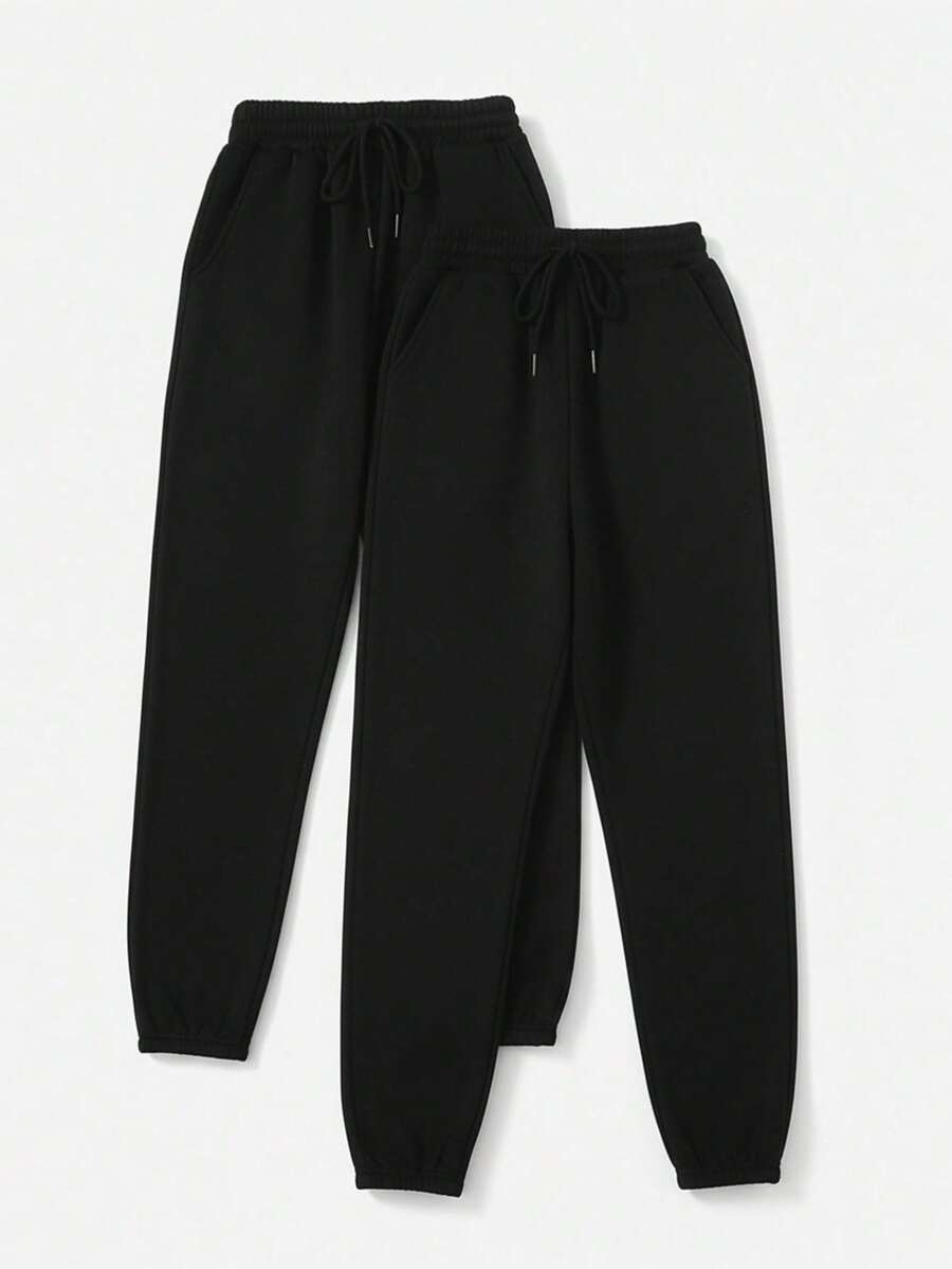 SHEIN EZwear 加大码女式黑色抽绳腰带口袋慢跑裤 - 黑色 - 查看 1