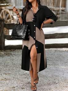 SHEIN PETITE Petite Women Geometric Print Slimming Versatile Shirt Dress - Multicolor - View 6