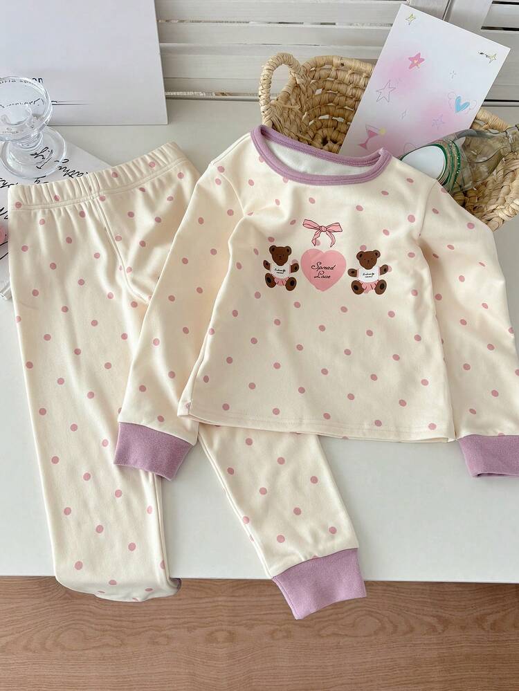 2pcs/Set Young Girl Knit Round Neck Bear Print Set, Fall Young Girl Clothing