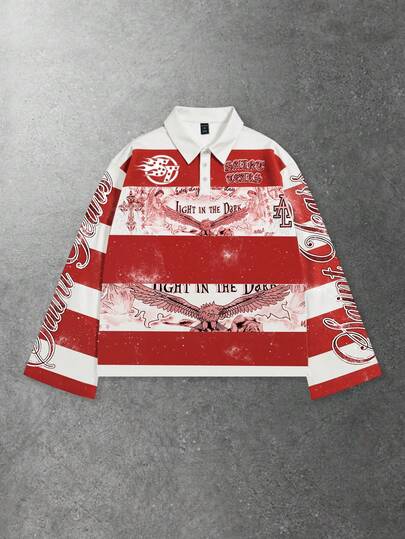 Street Life ملابس علوية بولو كاجوال بأكمام طويلة مطبوع بخطوط، طراز كلية