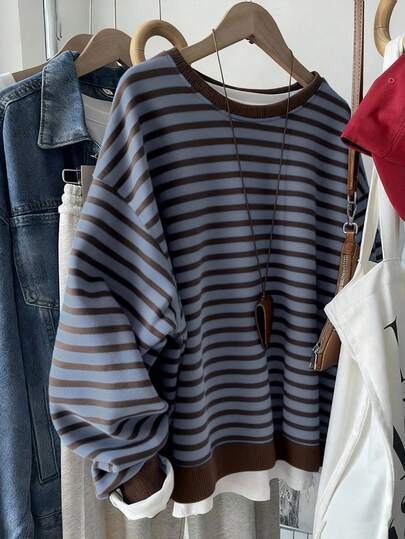 Resyla Plus Size Women Casual Striped Printed Pullover Sweatshirt, Fashion Versatile Outdoor Sporty Streetwear, Suitable For Autumn/Winter, Back To School, Teachers' Day